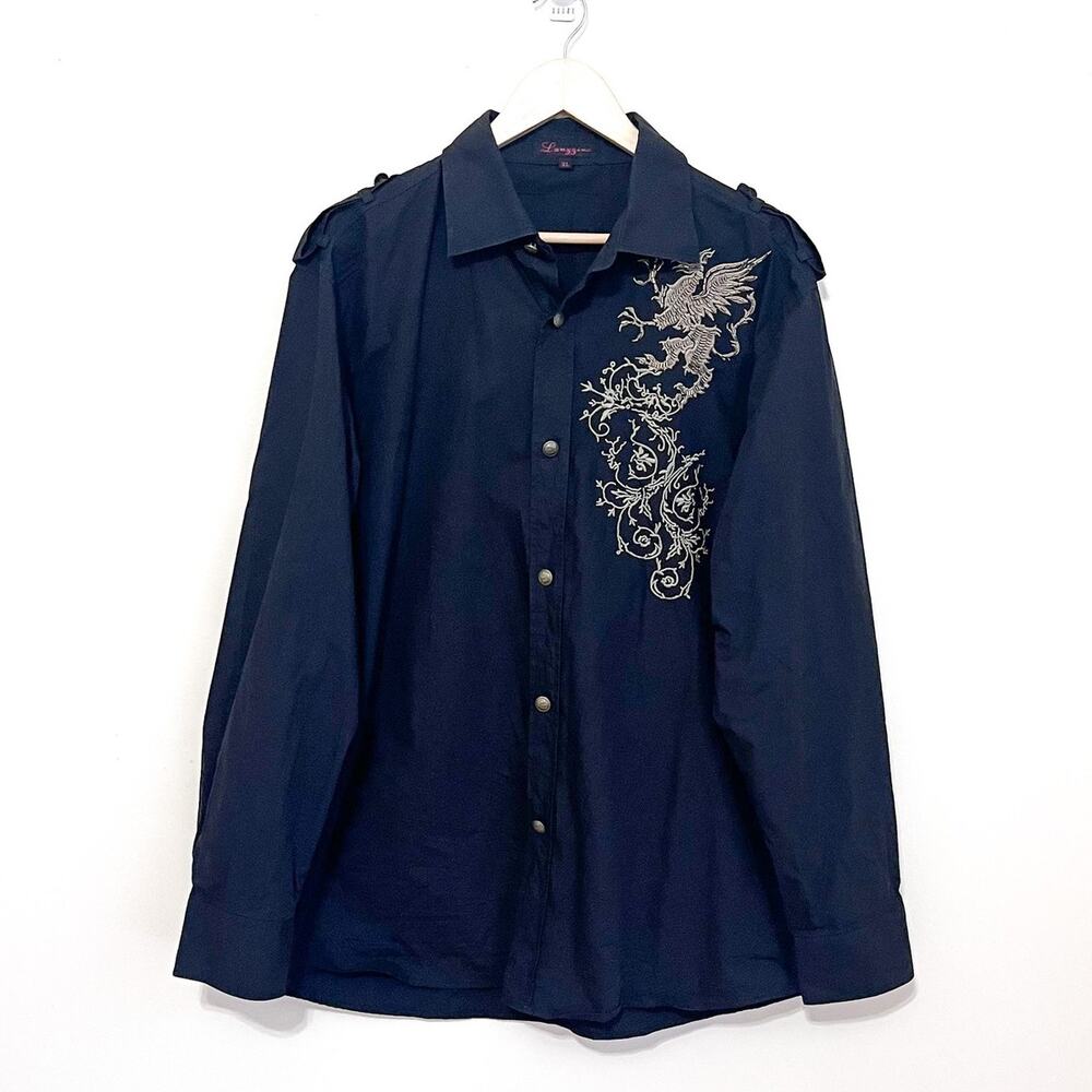 Lanzzino Dragon Mens Shirt Size XL Black Punk Goth Grunge Vamp Asian Button Down